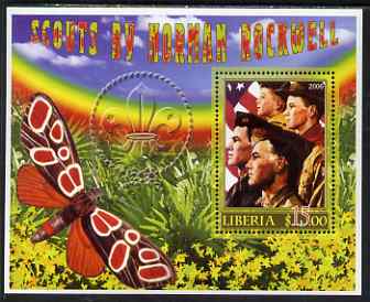 Liberia 2006 Scouts by Norman Rockwell #3 perf m/sheet with Butterfly, unmounted mint, stamps on scouts, stamps on rockwell, stamps on arts, stamps on butterflies, stamps on rainbows