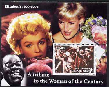 West Swan Island (Falkland Islands) 2002 A Tribute to the Woman of the Century #1 Queen Mother perf souvenir sheet unmounted mint (Also shows Marilyn, Diana & Satchmo), stamps on , stamps on  stamps on personalities, stamps on  stamps on royalty, stamps on  stamps on diana, stamps on  stamps on queen mother, stamps on  stamps on jazz, stamps on  stamps on armstrong, stamps on  stamps on music, stamps on  stamps on marilyn