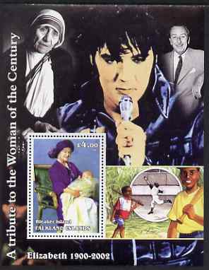  Bleaker Island (Falkland Islands) 2002 A Tribute to the Woman of the Century #1 Queen Mother perf souvenir sheet unmounted mint (Also shows Mother Teresa, Elvis, Walt Di...