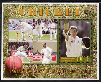 Benin 2006 Cricket (England v Australia Ashes series) perf m/sheet #2 unmounted mint. Note this item is privately produced and is offered purely on its thematic appeal, stamps on , stamps on  stamps on sport, stamps on  stamps on cricket