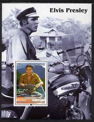 Somalia 2004 Elvis Presley #6 perf m/sheet (Seated on Motorcycle) unmounted mint. Note this item is privately produced and is offered purely on its thematic appeal, stamps on music, stamps on personalities, stamps on elvis, stamps on entertainments, stamps on films, stamps on cinema, stamps on motorbikes