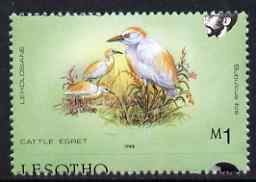 Lesotho 1988 Birds 1m Cattle Egret showing fine 3.5mm shift of horiz perfs (Country name mainly at bottom) unmounted mint as SG 803*, stamps on , stamps on  stamps on birds, stamps on  stamps on egrets