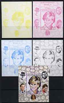 Senegal 1998 Princess Diana 200f imperf m/sheet #02 the set of 5 progressive proofs comprising the 4 individual colours plus all 4-colour composite, unmounted mint, stamps on royalty, stamps on diana, stamps on william, stamps on harry, stamps on churchill, stamps on kennedy, stamps on personalities