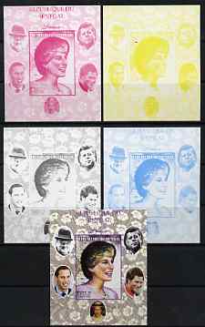 Senegal 1998 Princess Diana 200f imperf m/sheet #04 the set of 5 progressive proofs comprising the 4 individual colours plus all 4-colour composite, unmounted mint, stamps on royalty, stamps on diana, stamps on william, stamps on harry, stamps on churchill, stamps on kennedy, stamps on personalities