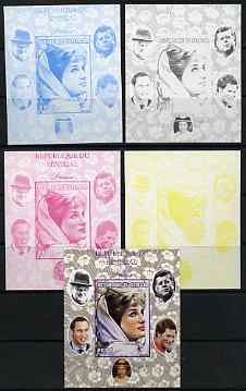 Senegal 1998 Princess Diana 200f imperf m/sheet #06 the set of 5 progressive proofs comprising the 4 individual colours plus all 4-colour composite, unmounted mint, stamps on royalty, stamps on diana, stamps on william, stamps on harry, stamps on churchill, stamps on kennedy, stamps on personalities