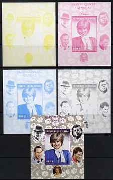 Senegal 1998 Princess Diana 200f imperf m/sheet #07 the set of 5 progressive proofs comprising the 4 individual colours plus all 4-colour composite, unmounted mint, stamps on royalty, stamps on diana, stamps on william, stamps on harry, stamps on churchill, stamps on kennedy, stamps on personalities