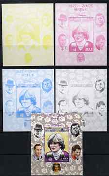 Senegal 1998 Princess Diana 250f imperf m/sheet #10 the set of 5 progressive proofs comprising the 4 individual colours plus all 4-colour composite, unmounted mint, stamps on royalty, stamps on diana, stamps on william, stamps on harry, stamps on churchill, stamps on kennedy, stamps on personalities