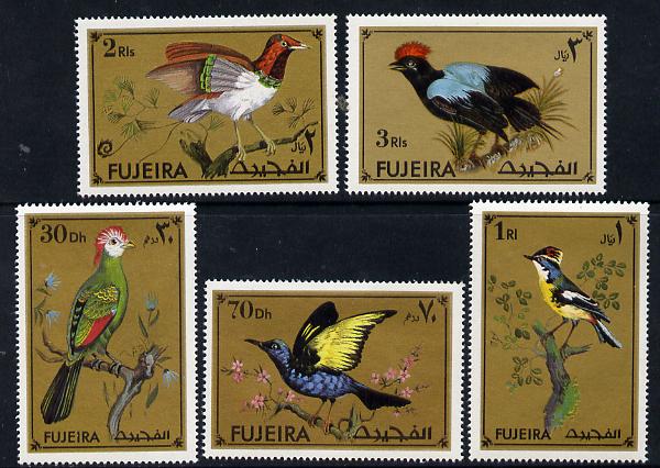 Fujeira 1972 Exotic Birds set of 5 unmounted mint (Mi 852-56A) , stamps on birds    honey-creeper    paradise    manakin