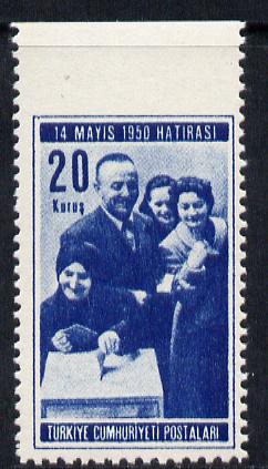 Turkey 1950 Elections 20k unmounted mint imperf between stamp and top margin, stamps on constitutions, stamps on elections