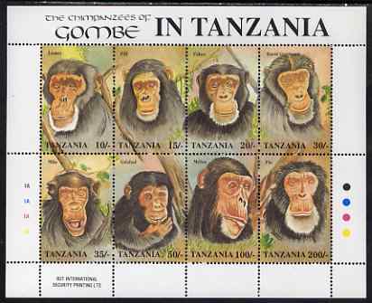 Tanzania 1992 Chimpanzees of the Gombe perf sheetlet containing 8 vertical values unmounted mint, as SG 1288-95, stamps on , stamps on  stamps on animals, stamps on  stamps on apes