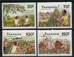 Tanzania 1992 Traditional Hunting perf set of 4 unmounted mint SG 1399-1402, stamps on , stamps on  stamps on weapons, stamps on  stamps on hunting, stamps on  stamps on animals, stamps on  stamps on lions, stamps on  stamps on birds, stamps on  stamps on archery, stamps on  stamps on dogs, stamps on  stamps on 