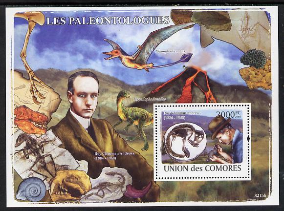 Comoro Islands 2008 Paleontolgists & Dinosaurs perf sheetlet containing 6 values unmounted mint, stamps on personalities, stamps on dinosaurs, stamps on fossils, stamps on volcanoes