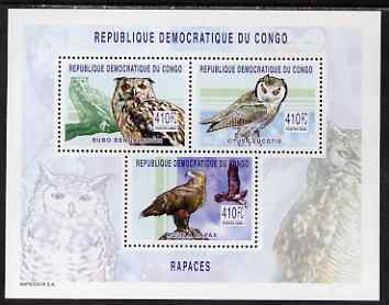 Congo 2002 Owls perf sheetlet containing 3 values unmounted mint, Mi 158-60A, stamps on birds, stamps on birds of prey, stamps on owls