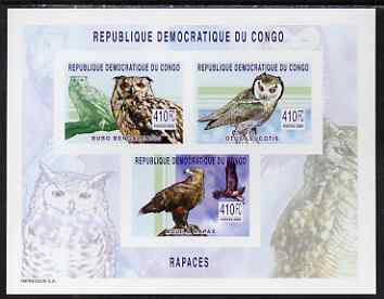 Congo 2002 Owls imperf sheetlet containing 3 values unmounted mint, Mi 158-60B, stamps on , stamps on  stamps on birds, stamps on  stamps on birds of prey, stamps on  stamps on owls