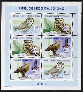 Congo 2002 Owls perf sheetlet containing 6 values (2 sets of 3) unmounted mint, Mi 158-60A, stamps on birds, stamps on birds of prey, stamps on owls