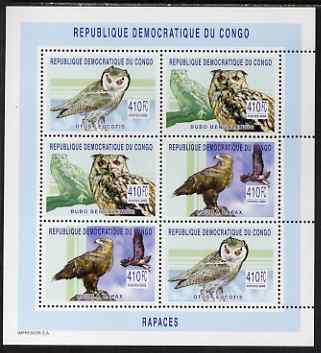 Congo 2002 Owls perf sheetlet containing 6 values (2 sets of 3) unmounted mint, Mi 158-60A, stamps on , stamps on  stamps on birds, stamps on  stamps on birds of prey, stamps on  stamps on owls