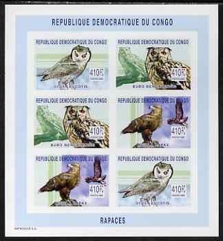 Congo 2002 Owls imperf sheetlet containing 6 values (2 sets of 3) unmounted mint, Mi 158-60B, stamps on , stamps on  stamps on birds, stamps on  stamps on birds of prey, stamps on  stamps on owls