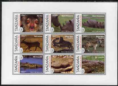 Tanzania 1995 The Sierra Club perf sheetlet containing 9 values unmounted mint, stamps on , stamps on  stamps on animals, stamps on  stamps on rhinos, stamps on  stamps on crocodiles, stamps on  stamps on 