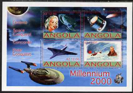 Angola 2000 Millennium perf sheetlet containing 4 values for Cinema, Concorde, Space & Polar Conquests unmounted mint, stamps on , stamps on  stamps on millennium, stamps on  stamps on cinema, stamps on  stamps on movies, stamps on  stamps on films, stamps on  stamps on aviation, stamps on  stamps on concorde, stamps on  stamps on space, stamps on  stamps on explorers, stamps on  stamps on polar, stamps on  stamps on minerals, stamps on  stamps on sci-fi