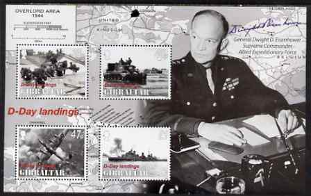 Gibraltar 2004 60th Anniversary of D-Day Landings perf sheetlet containing complete set of 4 values unmounted mint, SG MS 1092, stamps on , stamps on  stamps on eisenhower, stamps on  stamps on maps, stamps on  stamps on  ww2 , stamps on  stamps on militaria, stamps on  stamps on aviation, stamps on  stamps on tanks, stamps on  stamps on ships, stamps on  stamps on 