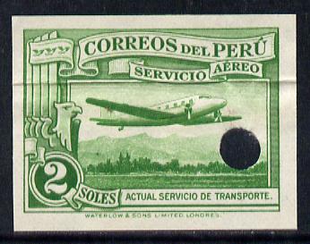 Peru 1937 Pictorial 2 sol (Mail Plane) imperf colour proof in green with Waterlow & Sons security punch hole (as SG 606), stamps on aviation   postal