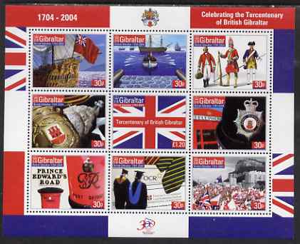 Gibraltar 2004 300th Anniversary of British Gibraltar (1st issue) perf sheetlet containing complete set of 9 values unmounted mint, SG MS 1077, stamps on flags, stamps on ships, stamps on militaria, stamps on police, stamps on arms, stamps on heraldry, stamps on telephones, stamps on post boxes, stamps on pillar boxes, stamps on education, stamps on 