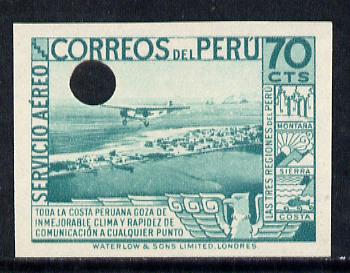 Peru 1937 Pictorial 70c (Plane over La Punta) imperf colour proof in blue-green with Waterlow & Sons security punch hole (as SG 602), stamps on aviation