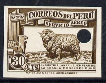 Peru 1937 Pictorial 30c (Ram) imperf colour proof in brown with Waterlow & Sons security punch hole (as SG 599) unmounted mint, stamps on animals