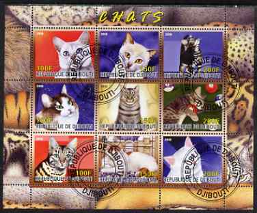 Djibouti 2008 Domestic Cats perf sheetlet containing 9 values fine cto used, stamps on cats