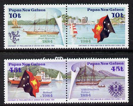 Papua New Guinea 1984 Protectorate Proclamation set of 4 (2 se-tenant pairs) unmounted mint SG 487-90*, stamps on constitutions, stamps on flags, stamps on ships, stamps on nelson
