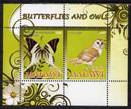 Malawi 2008 Butterflies & Owls perf sheetlet containing 2 values unmounted mint, stamps on , stamps on  stamps on butterflies, stamps on  stamps on owls, stamps on  stamps on birds, stamps on  stamps on birds of prey