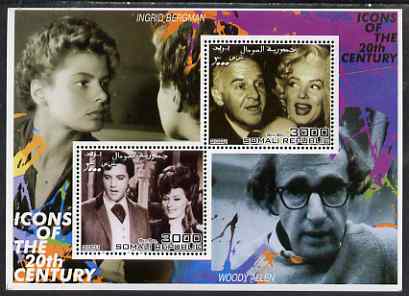 Somalia 2001 Icons of the 20th Century #05 - Elvis & Marilyn perf sheetlet containing 2 values with Ingrid Bergman & Woody Allen in background unmounted mint, stamps on , stamps on  stamps on personalities, stamps on  stamps on millennium, stamps on  stamps on movies, stamps on  stamps on films, stamps on  stamps on music, stamps on  stamps on marilyn, stamps on  stamps on elvis, stamps on  stamps on , stamps on  stamps on marilyn monroe