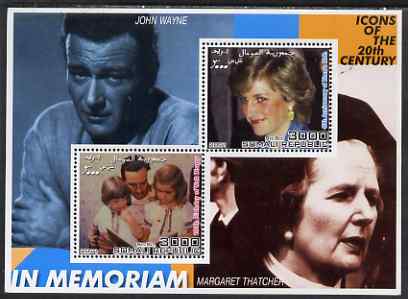 Somalia 2001 Icons of the 20th Century #13 - Diana & Walt Disney perf sheetlet containing 2 values with John Wayne & Margaret Thatcher in background unmounted mint, stamps on personalities, stamps on millennium, stamps on movies, stamps on films, stamps on music, stamps on marilyn, stamps on elvis, stamps on constitutions, stamps on marilyn monroe