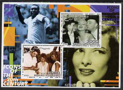 Somalia 2001 Icons of the 20th Century #14 - Elvis & Marilyn perf sheetlet containing 2 values with Pele & Katharine Hepburn in background unmounted mint. Note this item is privately produced and is offered purely on its thematic appeal, stamps on , stamps on  stamps on personalities, stamps on  stamps on millennium, stamps on  stamps on movies, stamps on  stamps on films, stamps on  stamps on music, stamps on  stamps on marilyn, stamps on  stamps on elvis, stamps on  stamps on football, stamps on  stamps on sport, stamps on  stamps on marilyn monroe