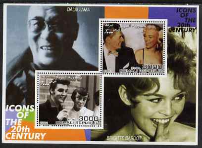 Somalia 2001 Icons of the 20th Century #07 - Elvis & Marilyn perf sheetlet containing 2 values with Dalai Lama & Brigitte Bardot in background unmounted mint, stamps on , stamps on  stamps on personalities, stamps on  stamps on millennium, stamps on  stamps on movies, stamps on  stamps on films, stamps on  stamps on music, stamps on  stamps on marilyn, stamps on  stamps on elvis, stamps on  stamps on nobel, stamps on  stamps on peace, stamps on  stamps on marilyn monroe