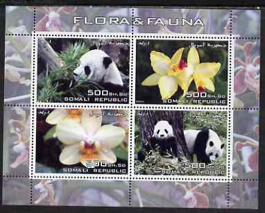 Somalia 2005 Flora & Fauna perf sheetlet containing 4 values unmounted mint, stamps on animals, stamps on bears, stamps on pandas, stamps on flowers, stamps on orchids