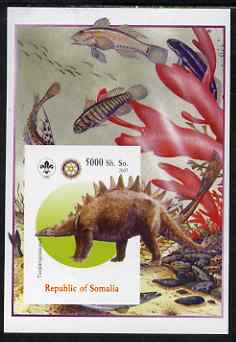 Somalia 2005 Dinosaurs #11 - Tuojiangosaurus imperf m/sheet with Scout & Rotary Logos, background shows Fish unmounted mint. Note this item is privately produced and is offered purely on its thematic appeal, stamps on , stamps on  stamps on scouts, stamps on  stamps on rotary, stamps on  stamps on dinosaurs, stamps on  stamps on animals, stamps on  stamps on reptiles, stamps on  stamps on marine life
