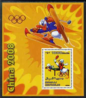 Somalia 2006 Beijing Olympics (China 2008) #03 - Donald Duck Sports - Table Tennis & Skiing perf souvenir sheet unmounted mint with Olympic Rings overprinted on stamp and in margin at upper left, stamps on , stamps on  stamps on disney, stamps on  stamps on entertainments, stamps on  stamps on films, stamps on  stamps on cinema, stamps on  stamps on cartoons, stamps on  stamps on sport, stamps on  stamps on stamp exhibitions, stamps on  stamps on table tennis, stamps on  stamps on skiing, stamps on  stamps on olympics