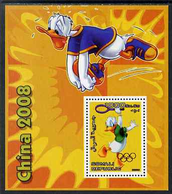 Somalia 2006 Beijing Olympics (China 2008) #04 - Donald Duck Sports - Running & Tennis perf souvenir sheet unmounted mint with Olympic Rings overprinted on stamp, stamps on , stamps on  stamps on disney, stamps on  stamps on entertainments, stamps on  stamps on films, stamps on  stamps on cinema, stamps on  stamps on cartoons, stamps on  stamps on sport, stamps on  stamps on stamp exhibitions, stamps on  stamps on running, stamps on  stamps on tennis, stamps on  stamps on , stamps on  stamps on olympics