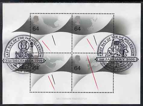 Great Britain 1999 Millennium Series - Millennium Timekeeper m/sheet containing 4 x 64p Clock stamps fine used with cancellations for Last Day of the 2nd Millennium and First Day of the 3rd, SG MS 2123, stamps on clocks, stamps on maps, stamps on millennium