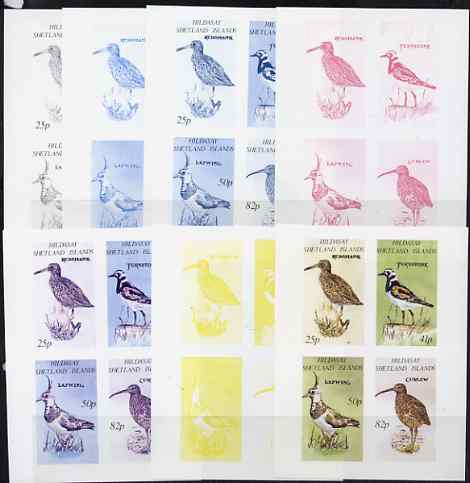 Shetland Islands 1995 Birds imperf sheetlet of 4, the set of 7 imperf progressive proofs comprising the 4 individual colours plus 2, 3 and all 4-colour composites, unmounted mint, stamps on , stamps on  stamps on birds     redshank     turnstone     lapwing      curlew