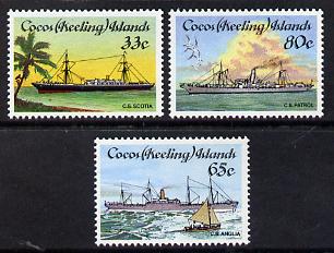 Cocos (Keeling) Islands 1985 Cable-laying Ships set of 3 unmounted mint, SG 129-31, stamps on , stamps on  stamps on ships, stamps on  stamps on cable