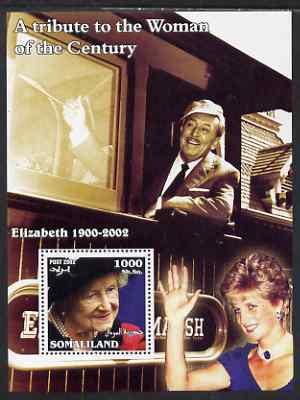 Somaliland 2002 A Tribute to the Woman of the Century #10 - The Queen Mother perf m/sheet also showing Walt Disney (on Train) & Diana, unmounted mint, stamps on , stamps on  stamps on royalty, stamps on  stamps on railways, stamps on  stamps on queen mother, stamps on  stamps on women, stamps on  stamps on films, stamps on  stamps on cinema, stamps on  stamps on disney, stamps on  stamps on personalities