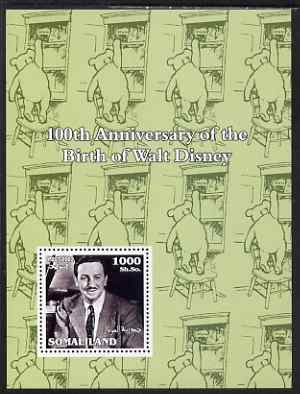 Somaliland 2002 Birth Centenary of Walt Disney #01 perf m/sheet (green background with Winnie the Pooh) unmounted mint, stamps on , stamps on  stamps on films, stamps on  stamps on cinema, stamps on  stamps on disney, stamps on  stamps on personalities, stamps on  stamps on pooh, stamps on  stamps on bears, stamps on  stamps on honey