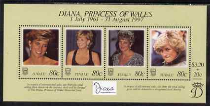 Tuvalu 1998 Diana, Princess of Wales Commemoration perf sheetlret containing 4 values unmounted mint, SG MS803, stamps on , stamps on  stamps on royalty, stamps on  stamps on diana