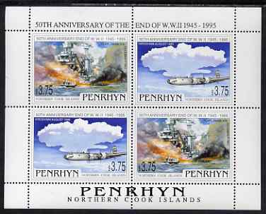 Cook Islands - Penrhyn 1995 50th Anniversary of the End of WW2 perf sheetlet containing 4 values (2 sets of 2) unmounted mint, SG 513-4, stamps on , stamps on  stamps on , stamps on  stamps on  ww2 , stamps on  stamps on ships, stamps on  stamps on aviation, stamps on  stamps on atomics, stamps on  stamps on atomic