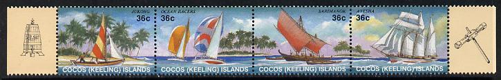 Cocos (Keeling) Islands 1987 Sailing Craft se-tenant strip of 4 unmounted mint, SG 158a, stamps on ships     yachts    sailing
