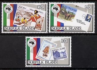 Norfolk Island 1984 'Ausipex' Stamp Exhibition set of 3 unmounted mint, SG 343-45, stamps on militaria      ships, stamps on stamp on stamp, stamps on stamp exhibitions, stamps on stamponstamp