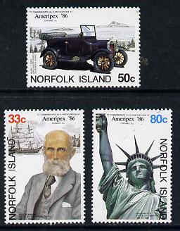 Norfolk Island 1986 'Ameripex' Stamp Exhibition (Car & Statue of Liberty) set of 3 unmounted mint, SG 385-87, stamps on , stamps on  stamps on cars   monuments  postal     civil engineering     stamp exhibitions    statues    ford   americana