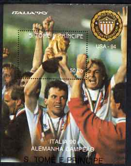 St Thomas & Prince Islands 1990 Football World Cup 50Db perf m/sheet (German Team Holding Trophy) unmounted mint. Note this item is privately produced and is offered purely on its thematic appeal, stamps on , stamps on  stamps on football, stamps on  stamps on sport